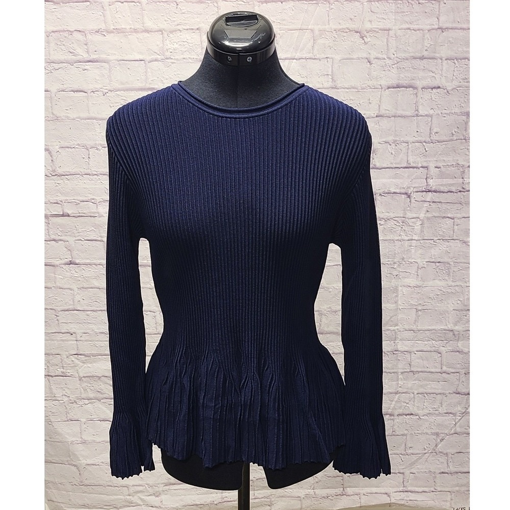 Navy Ribbed Long-Sleeve Peplum Top